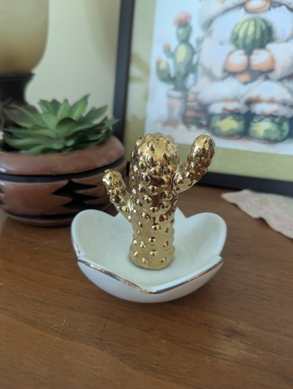 Shiny Tiny Knobby Gold Tone Saguaro Cactus Ring Holder Dish